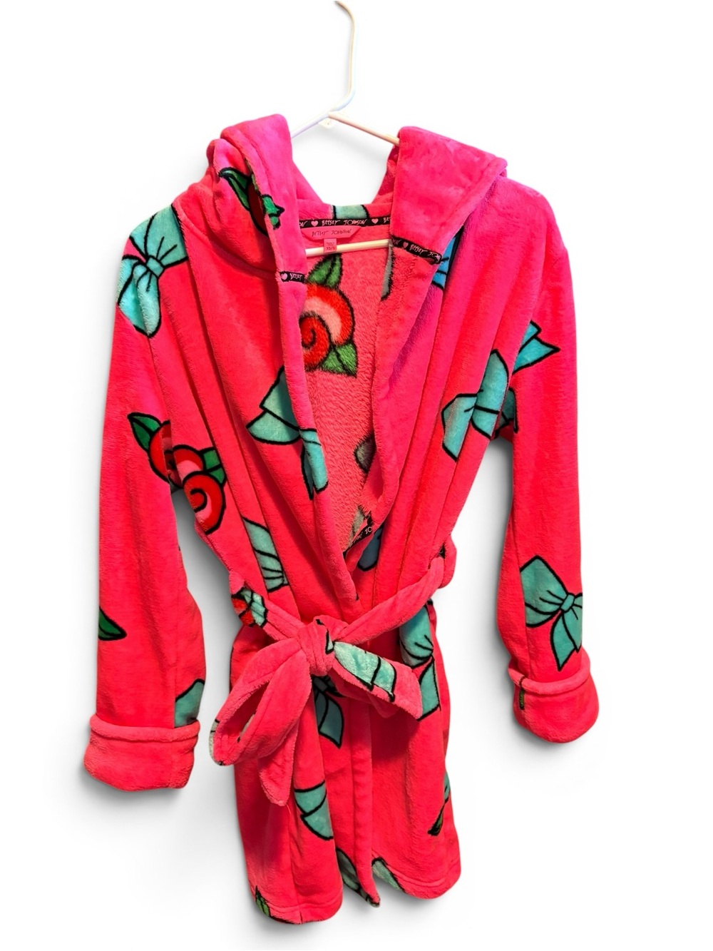 Betsey Johnson Bright Pink Floral Bow Plush Hooded Robe size XS/S